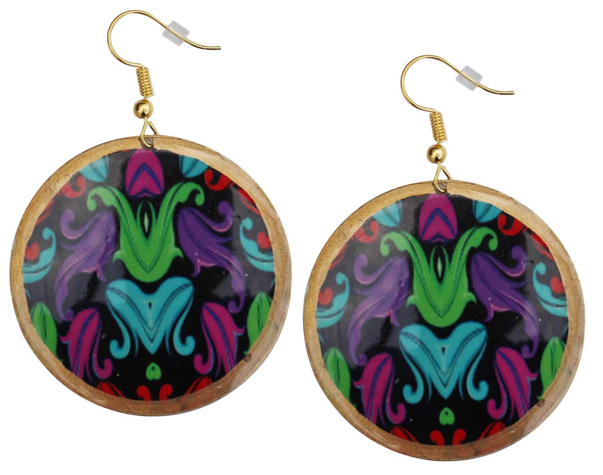 2.5” Pair of Round Hook Earrings in Brass - Colorful Floral Pattern - Drop Earrings / Women Fashion Jewelry - Buy in Bulk Wholesale